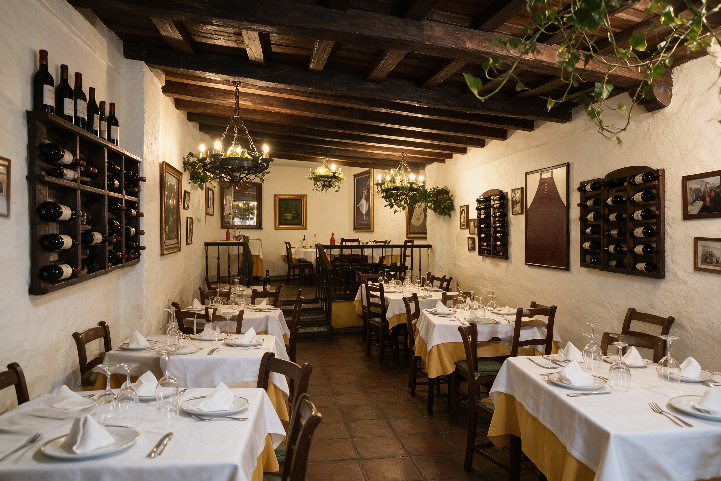 Comedor tradicional de asador con estanterías de vino, mesas con mantel blanco y lámparas cálidas
