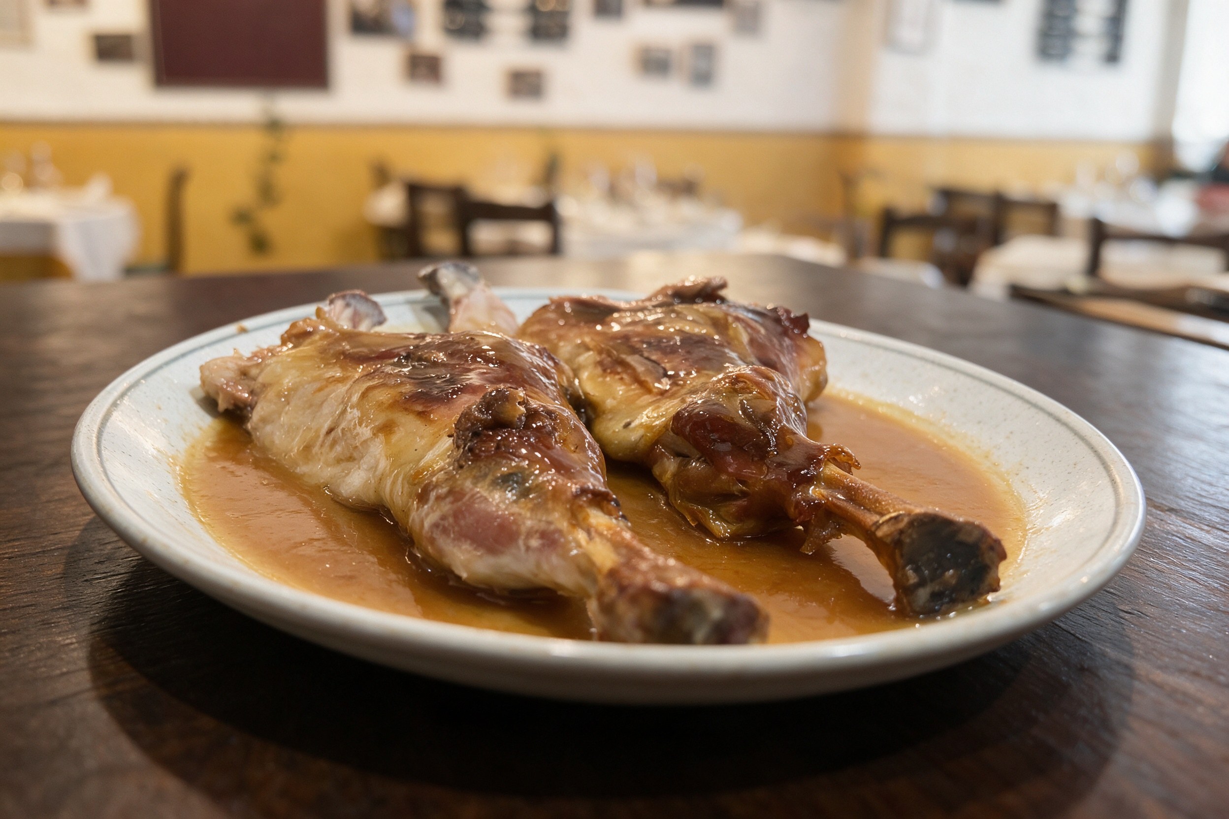 Dos piernas de cordero asado doradas en su jugo en fuente de cerámica blanca