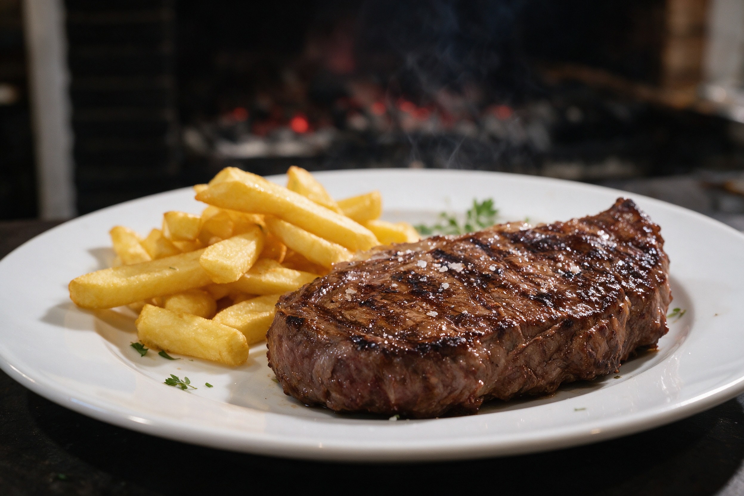 Entrecot a la brasa con marcas de parrilla y patatas fritas en plato blanco